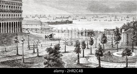 Panoramica generale vista della città il porto di Buenos Aires nel 19th secolo, Argentina. Sud America. Attraverso le Pampas e la Cordillera, da Montevideo a Santa Rosa (Cile) di Desiré Charnay, 1876 Foto Stock