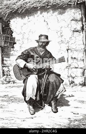 Un gaucho argentino che suona la chitarra, Argentina. Sud America. Attraverso le Pampas e la Cordillera, da Montevideo a Santa Rosa (Cile) di Desiré Charnay, 1876