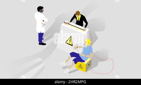 Gli studi psicologici dell'esperimento Milgram shock. Conflitto tra obbedienza all'autorità e coscienza personale. Foto Stock