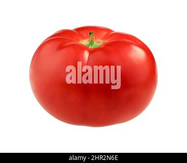 Pomodoro isolato su sfondo bianco come elemento di design del packaging. Profondità di campo completa, vista frontale. Foto Stock