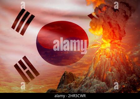 Eruzione dello stratovulcano di notte con esplosione sullo sfondo della bandiera della Repubblica di Corea (Corea del Sud), problemi dovuti all'eruzione e all'orecchio vulcanico Foto Stock