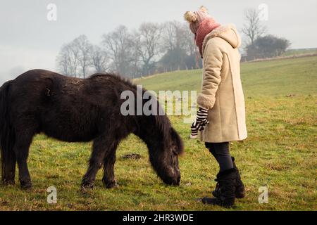 Ragazza adolescente in escursione a freddo con pony nero shetland in campagna rurale Foto Stock