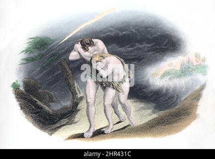 Storia della Bibbia, illustrazione l'espulsione di Adamo ed Eva dal Giardino dell'Eden inciso da John le Conte dipinto da David Scott RSA Foto Stock