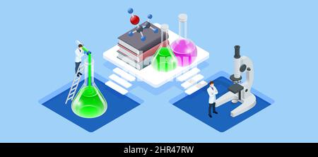 Concetto di laboratorio chimico isometrico. Laboratorio tecnico di biologia molecolare. In un laboratorio di ricerca scientifica o tecnologica, esperimenti, e. Illustrazione Vettoriale