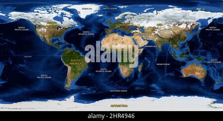 Vista terra piatta dallo spazio. Mappa fisica del mondo dettagliata sulla foto satellitare globale, superficie planetaria panoramica. Elementi di questa immagine forniti dalla NASA. Foto Stock