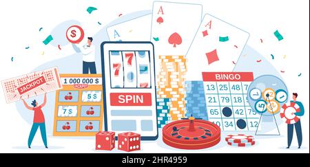 Gioco d'azzardo online, persone fortunate vincendo jackpot. Personaggi che giocano a slot machine, bingo, roulette, lotteria vincitori illustrazione vettoriale. ch. Online Illustrazione Vettoriale