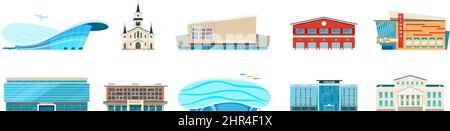 Edificio comunale appartamento, stazione di polizia, banca, ospedale. Architettura urbana moderna, municipio, scuola, aeroporto, stadio vettore set. Banca e hosp Illustrazione Vettoriale