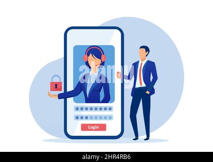 Vettore di un uomo d'affari che imposta la password di login utente per un'applicazione su cellulare con l'assistenza di un rappresentante del cliente Illustrazione Vettoriale