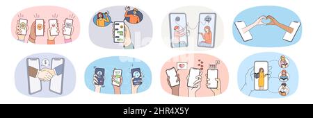 Raccolta di persone mani utilizzare le nuove tecnologie comunicare su Internet su smartphone gadget. Set di esseri umani tenere cellulari godere di comunicazione online sul dispositivo. Vita virtuale. Illustrazione vettoriale. Illustrazione Vettoriale