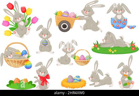 Fumetti coniglietti di pasqua con cesti e uova dipinte, conigli carini. Morbido coniglietto che tiene uovo, primavera vacanza coniglio carattere set vettore. Coniglietto di Pasqua Illustrazione Vettoriale