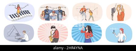 Set di persone hanno divertimento cantare e suonare strumenti musicali. La collezione di uomini e donne si diverte con la musica. Hobby e intrattenimento. Musicista e artista. Illustrazione vettoriale. Illustrazione Vettoriale