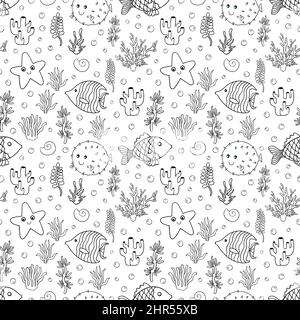 Disegno senza giunture coloring libro oceano Animal.Sea fauna subacquea.sfondo stile cartoon. Illustrazione Vettoriale