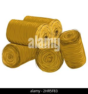Immagine isolata di balle di fieno, paglia su sfondo bianco Illustrazione Vettoriale