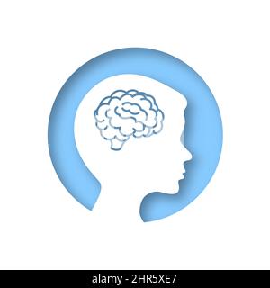 Icona del segno del cervello della testa del ragazzo. Illustrazione concettuale di emicrania nelle persone. Silhouette di un bambino. Illustrazione del ritaglio vettoriale. Taglio carta. Illustrazione Vettoriale