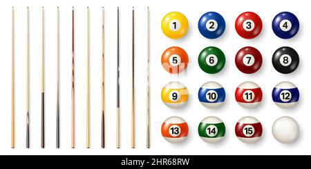 Palline da biliardo colorate con numeri e vari spunti da piscina. Palla snooker lucida. Attrezzature sportive. Illustrazione vettoriale. Illustrazione Vettoriale