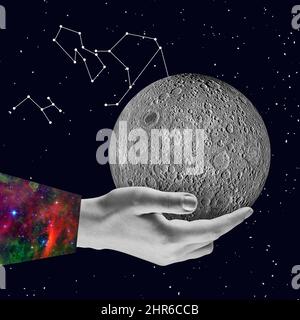 Collage d'arte contemporanea. Mano femminile che tiene sconosciuto pianeta su sfondo scuro stellato cielo. Concetto di astronautica, sogni, astronomia, arte Foto Stock