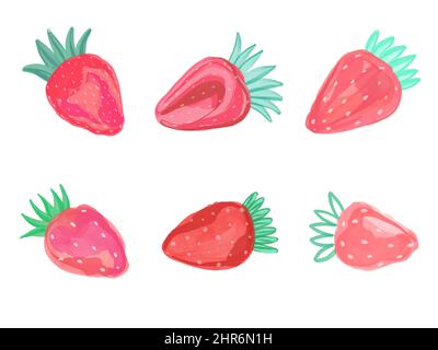 Set di fragole disegnate a mano Vector. Rosa succosa Berries isolato su sfondo bianco. Elementi estivi per il design. Illustrazione Vettoriale