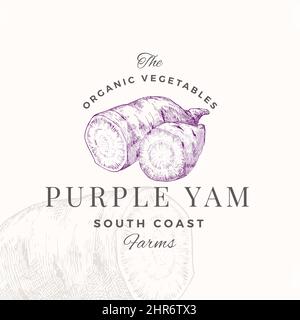 Modello di logo Ube Purple Yam Badge. Disegno a mano schizzo vegetale con retro Tipografia Premium pianta a base di Vegan Food Emblem. Isolato Illustrazione Vettoriale