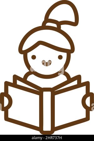 Donna o ragazza legge libro icona pictogramma isolato su sfondo bianco. Persona che tiene il magazin e il logo di lettura Illustrazione Vettoriale