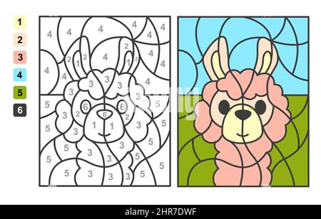 Colore per numeri lama animale. Gioco di puzzle per l'educazione dei bambini, colori per il disegno e l'apprendimento della matematica Illustrazione Vettoriale