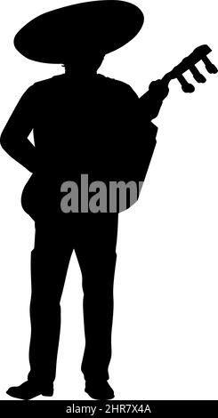 Silhouette uomo messicano che suona grande gitarron chitarra Illustrazione Vettoriale