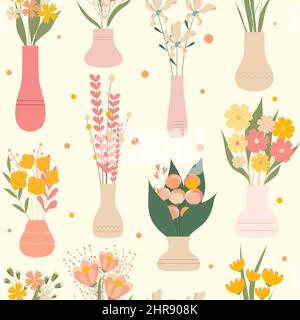 Sfondo senza cuciture di fiori selvatici e giardino fiorito in vasi.Set di elementi decorativi di design floreale. Illustrazione vettoriale cartoon piatto. Illustrazione Vettoriale