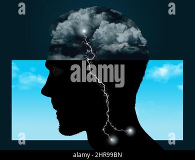 Nuvole di tempesta e fulmini all'interno della testa di un uomo umano illustrano i disturbi mentali in questa illustrazione di 3-d sulla salute mentale. Foto Stock