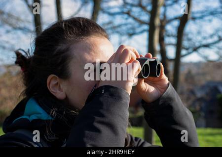 Osservazione degli uccelli in una giornata invernale soleggiata in natura Foto Stock