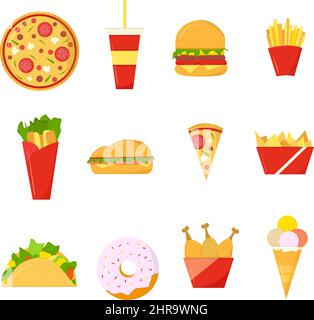 Set di icone di fast food multicolore. Stile piatto Illustrazione Vettoriale