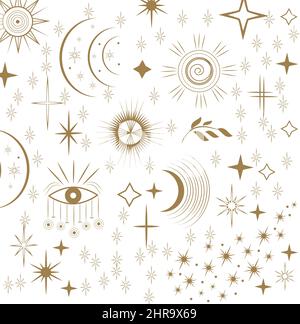 I principali segni magici del tarot.Golden disegno lineare e di stile trendy.Star modello senza giunture e astrologia Boho. Illustrazione Vettoriale