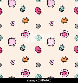 Simpatici bottoni animati motivo senza cuciture, sfondo cucito Illustrazione Vettoriale