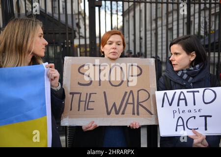 Londra, Inghilterra, Regno Unito. 25th Feb 2022. Il manifestante tiene la targhetta che dice Stop the War. I cittadini ucraini protestarono di fronte a Downing Street chiedendo una più forte involvenza del governo della NATO e del Regno Unito sull'invasione russa dell'Ucraina. (Credit Image: © Thomas Krych/ZUMA Press Wire) Credit: ZUMA Press, Inc./Alamy Live News Foto Stock