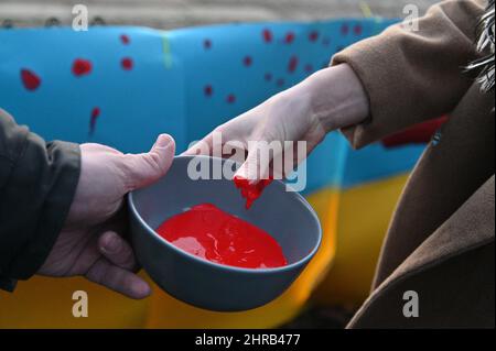 Brno, Repubblica Ceca. 25th Feb 2022. Protesta contro l'invasione russa in Ucraina al di fuori del consolato russo a Brno, Repubblica Ceca, 25 febbraio 2022. Credit: Igor Zehl/CTK Photo/Alamy Live News Foto Stock