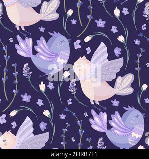 Carino uccello cartoon e fiori viola lavanda motivo senza cuciture su uno sfondo scuro Illustrazione Vettoriale