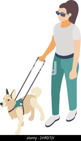 Icona isometrica di giovane donna disabili che cammina con guida cane 3D illustrazione vettoriale Illustrazione Vettoriale