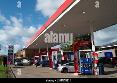 Loudwater, Buckinghamshire, Regno Unito. 25th Febbraio, 2022. Oggi i conducenti pagavano 154,9 per litro di benzina al distributore di benzina esso di Loudwater. Il prezzo della benzina e del diesel continua ad aumentare a un ritmo allarmante e si prevede che peggiorerà solo dopo l'invasione dell'Ucraina da parte della Russia. Si prevede che i prezzi del petrolio al barile raggiungeranno i $130 al barile entro giugno 2022. Credit: Maureen McLean/Alamy Live News Foto Stock