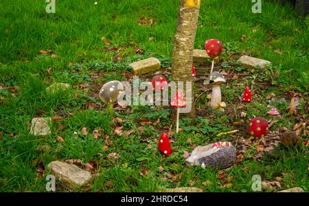 Sgabelli in giardino come decorazione di altre piante Foto Stock