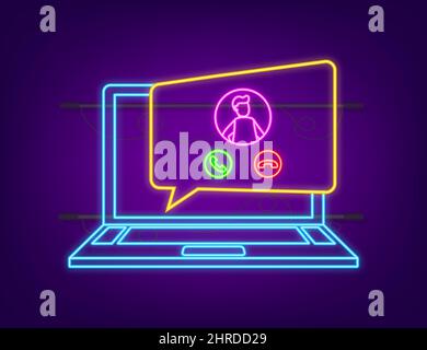 Videochiamata in arrivo sull'icona neon del notebook. Computer portatile con chiamata in arrivo, immagine del profilo uomo e pulsanti di accettazione rifiuto. Illustrazione dello stock vettoriale. Illustrazione Vettoriale