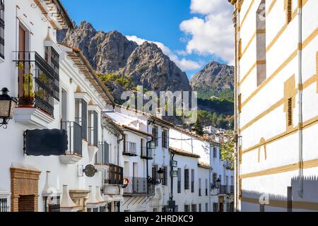 La strada principale di Grazalema, Spagna, uno dei villaggi bianchi della provincia di Cadiz nella comunità autonoma di Andalusia, Spagna Foto Stock