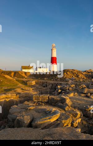 Portland Bill, Dorset, Regno Unito. 25th febbraio 2022. Meteo Regno Unito. Il faro è bagnato dal sole dorato a Portland Bill in Dorset poco prima del tramonto alla fine di una calda giornata di sole. Picture Credit: Graham Hunt/Alamy Live News Foto Stock