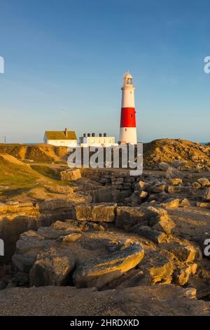 Portland Bill, Dorset, Regno Unito. 25th febbraio 2022. Meteo Regno Unito. Il faro è bagnato dal sole dorato a Portland Bill in Dorset poco prima del tramonto alla fine di una calda giornata di sole. Picture Credit: Graham Hunt/Alamy Live News Foto Stock