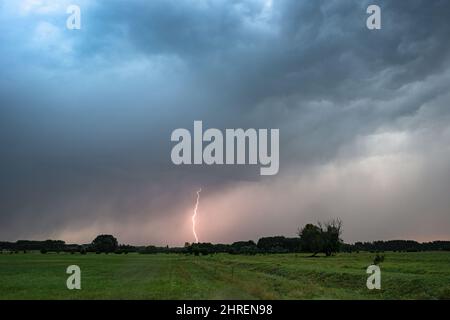 Il fulmine colpisce le pianure ungheresi al crepuscolo Foto Stock