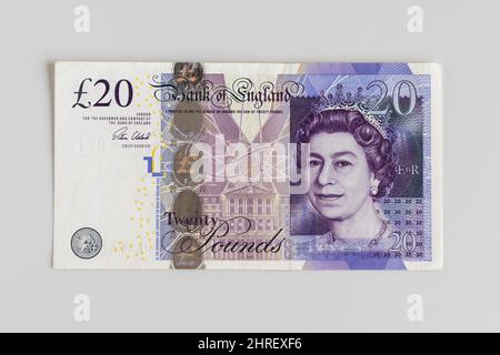 Bank of England £20 nota porta l'immagine della regina Elisabetta II sull'oblio Foto Stock