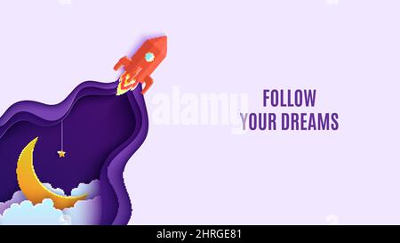 Cielo notturno e razzo rosso in stile carta tagliata. Ritagliare 3D sfondo con viola e blu sfumato paesaggio nuvoloso con stella su corda e luna papercut Illustrazione Vettoriale