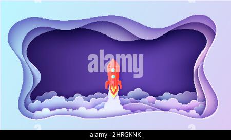 Notte cielo nuvole in cornice rettangolare e razzo rosso in stile carta taglio. Ritagliare 3D sfondo con blu violetto sfumato paesaggio nuvoloso panorama e. Illustrazione Vettoriale