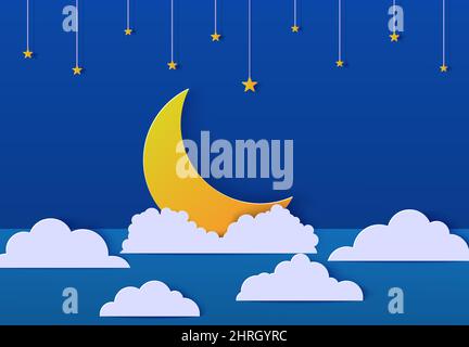 Cielo notturno e carta crescent taglio stile. Ritagliate il paesaggio serale 3D con sfondo, luna d'oro nuvola e stelle in corda papercut art. Carino bambini origami Illustrazione Vettoriale