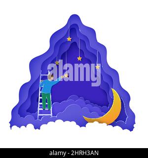 Scale bianche per salire sopra le nuvole nello stile di carta tagliata. Segui il tuo sogno vettore motivazionale poster concetto Papercut notte paesaggio Illustrazione Vettoriale