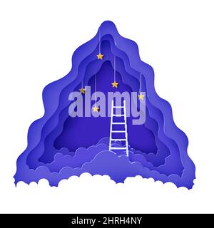 Scale bianche per salire sopra le nuvole nello stile di carta tagliata. Segui il tuo sogno vettore motivazionale poster concetto Papercut notte paesaggio Illustrazione Vettoriale