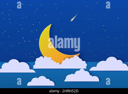 Cielo notturno e carta crescent taglio stile. Ritagliato 3D sera paesaggio con sfondo blu, nuvola stelle luna caduta meteorite papercut. Bambini carini Illustrazione Vettoriale
