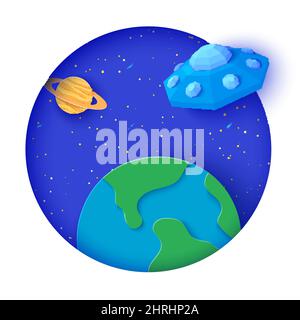 Disco volante che vola nello spazio in stile di taglio di carta. Galaxy paesaggio 3D sfondo con cornice rotonda bianca e cielo stellato notte, cartone intagliato Terra Illustrazione Vettoriale